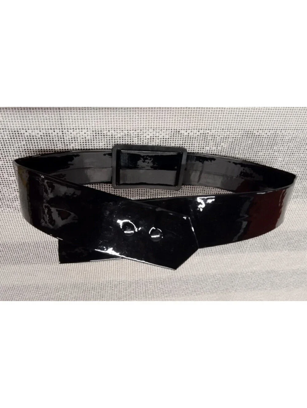 Black Patent Leather Belt Cinch Waist 28 Mod Pleather Vinyl Copper Wide Buckle